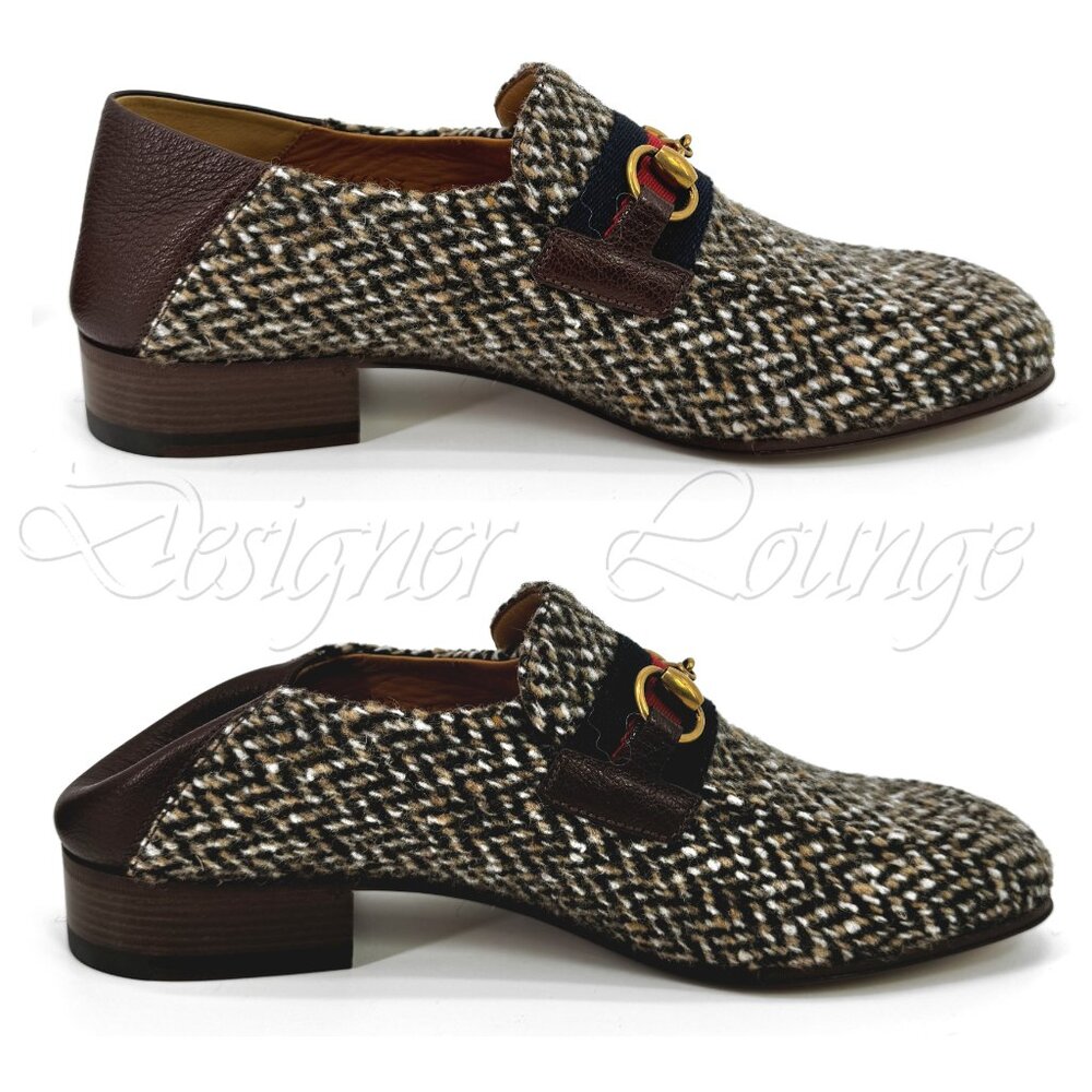 NEW GUCCI Horsebit Herringbone Tweed & Leather Loafers G 8 / US 8.5 Authentic - Picture 7 of 10